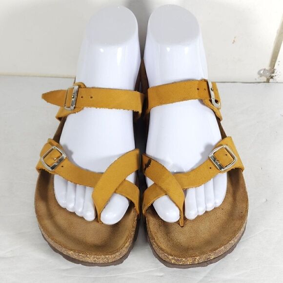 Bio Gold Women's US 9 Yellow Leather Toe Ring Slip On Low Wedge Sandals ITALY - Picture 4 of 16